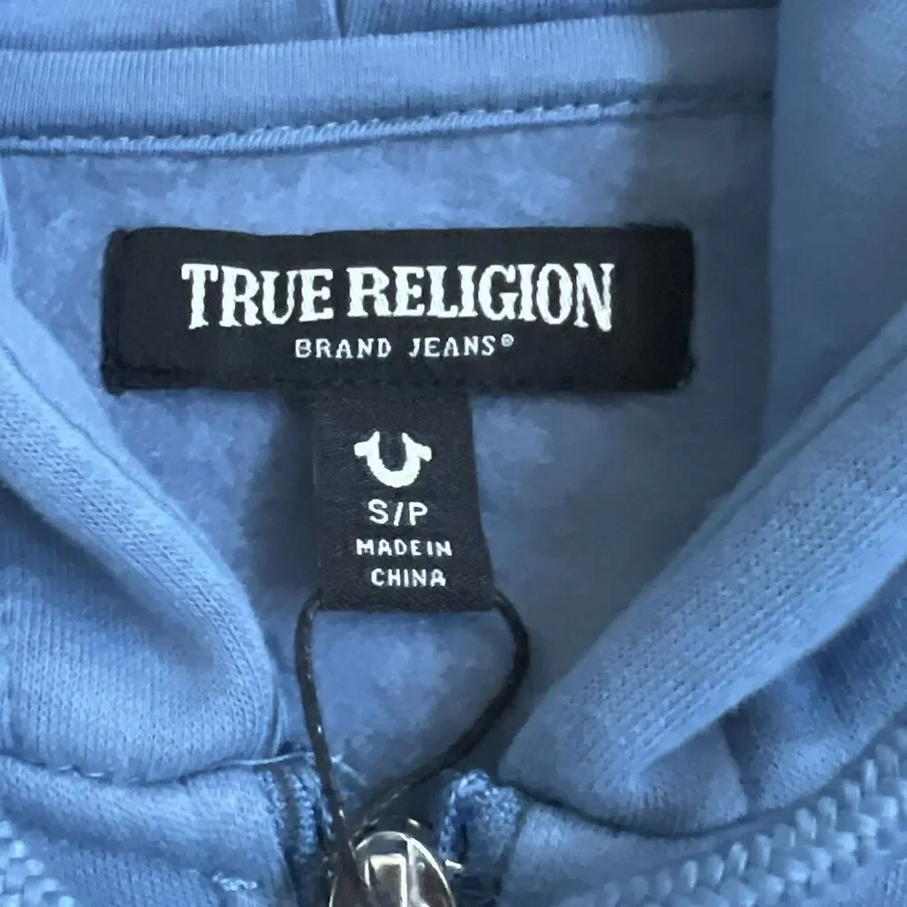True Religion Hoodie Mens Size Small Blue Zip Up Buddha Horseshoe Logo NWT Y2K
